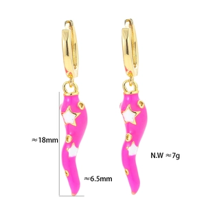 Detail of pink enamel chili earrings with dimensions 18mm height and 7g net weight