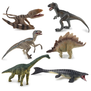 Set de 6 piezas de modelos de dinosaurios prehistóricos con raptor sobre fondo blanco puro