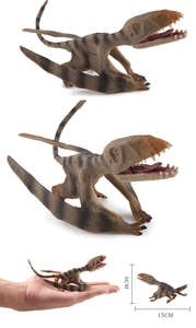 Vista detallada del juguete de pterosaurio con rayas marrones y medidas 15cm x 6cm