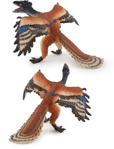 Vista detallada del modelo de dinosaurio con plumas y acentos azules con texturas reales