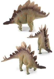 Vistas detalladas de Stegosaurus de juguete con escamas reales y placas de color naranja