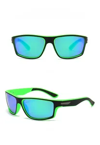 Front and side view of sports sunglasses with black and neon green frames and blue lenses