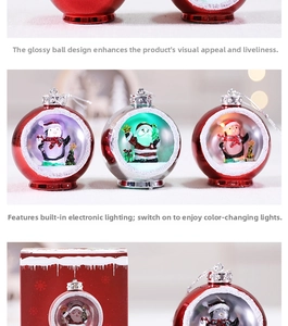 Close-up of LED Christmas glowing ornaments with Santa and polar bear figurines