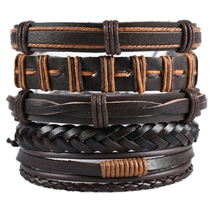 5-piece vintage braided leather bracelet set for men in dark brown and tan tones