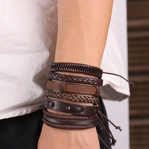 Handmade multilayer brown leather bracelet set featuring vintage woven cords for men