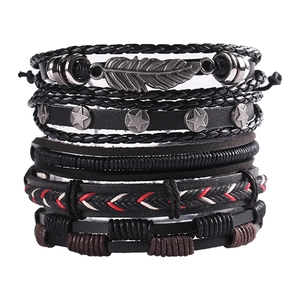 Retro multi-layer leather bracelet set with silver feather and metal star charms
