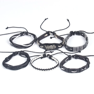 Set of six men's retro black leather bracelets with woven cords and an owl charm