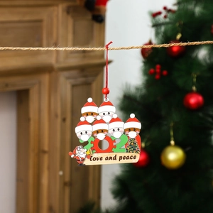 Family of snowmen wooden Christmas ornament with 2021 mask design and love and peace text