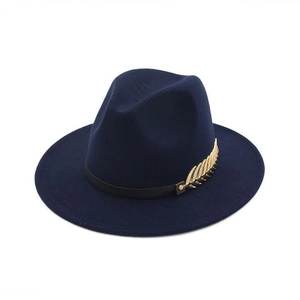 Navy wool felt fedora hat featuring a black leather band and golden leaf accent