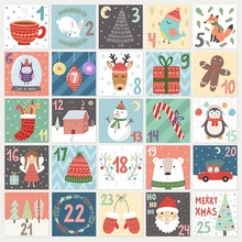 Close-up of 25-day Christmas countdown stickers with colorful festive cartoon illustrations