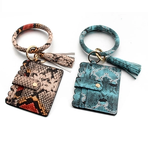 Python snakeskin print PU leather card holder bangle with tassel and gold metal keychain