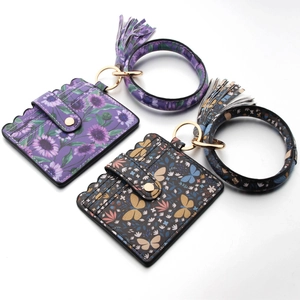 Floral print PU leather wristlet keychain set with wave edge card holder and tassel charm