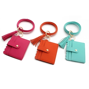 PU leather wallet keychain set with wristlet ring and tassel in rose, orange, mint