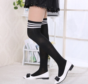 Detail of black over-the-knee socks with triple white stripes and patent leather shoes