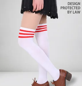 Detail of white over-the-knee socks with three red stripes and high-elastic knit texture