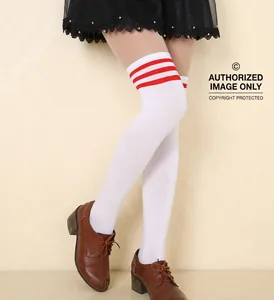 Close-up of white over-the-knee high socks with three red stripes on elastic knit cuffs