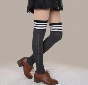 Close-up of three-stripe over-knee socks in grey knit with black leather shoes