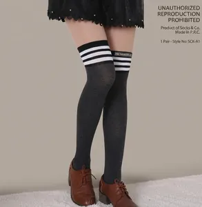 Detail of dark grey over-knee high socks with white triple stripes and lace skirt