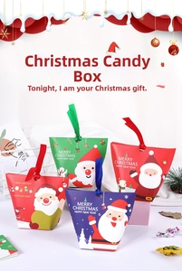 Close-up of colorful Christmas candy gift boxes with ribbon handles and Santa illustrations
