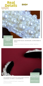 Detail of handcrafted bridal headband with dense white pearls and soft fabric lining