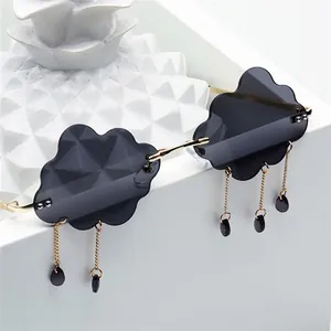 Cloud Shaped Rimless Sunglasses With Raindrop Tassel Pendants Metal Frame Punk Creative Eyewear Party Festival UV Protection