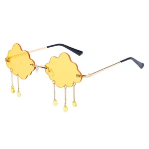 Cloud-shaped rimless sunglasses with hanging raindrops and golden metal frame