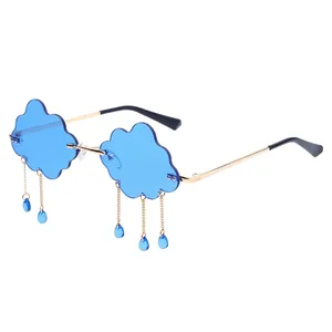 Creative cloud-shaped rimless sunglasses with blue lenses and dangling waterdrop charms