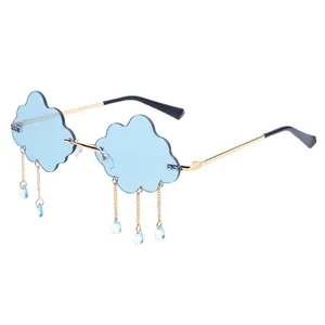 Cloud shaped rimless sunglasses with blue lenses and dangling crystal rain charms