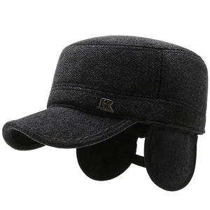 Men's wool blend winter flat cap in dark grey with ear flaps and metal sport logo