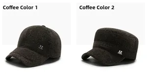 Detail view of coffee-colored herringbone wool caps with ear protection and metal R logo
