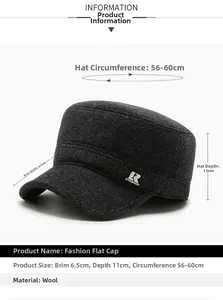 Flat top wool cap details with metal logo and specific size measurements in centimeters