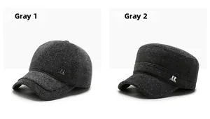 Detail of grey herringbone wool flat cap and baseball cap with metallic R logo