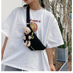 Cute Plush Bear Canvas Chest Bag For Women Korean Style Crossbody Shoulder Dumpling Purse Adjustable Strap Casual Student