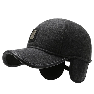 Men's winter wool baseball cap in dark grey with leather trim and folding ear flaps