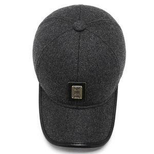 Men's winter baseball cap in dark grey wool blend with ear protection and leather trim