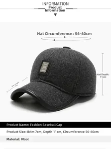 Detailed size specifications of gray wool winter baseball cap with ear protection