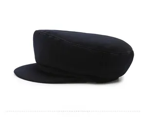 Side view of structured black flat top cadet hat with reinforced curved brim