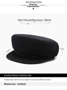 Detailed sizing chart showing the 5.5cm brim and 58cm circumference of the cotton flat cap