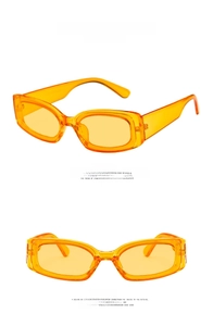 Detailed front and side views of transparent orange rectangular retro sunglasses