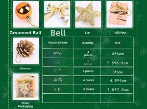 Size chart showing dimensions for gold Christmas tree ornaments like balls and pinecones