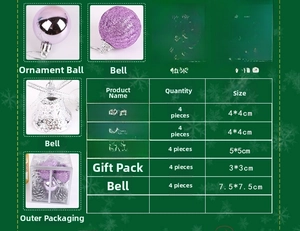 Detailed size chart for Christmas tree ornaments including bells, pinecones, and gift boxes