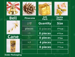 Detailed size chart and variety of Christmas tree ornaments in a festive green gift box