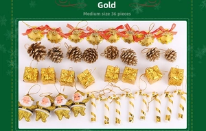 36-piece gold Christmas tree ornament set featuring bells, pine cones, and mini gift boxes