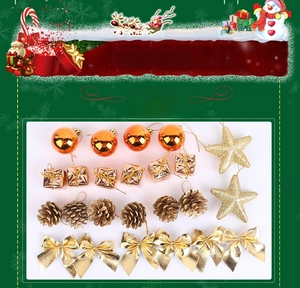 Detailed 24-piece set of bronze gold Christmas tree ornaments with baubles and stars