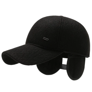 Winter wool baseball cap for men with ear flaps and metal D-ring detail on white background