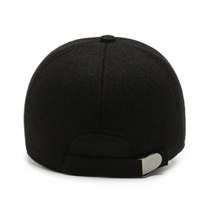 Rear view of black wool baseball cap for men featuring a metallic adjustable buckle strap