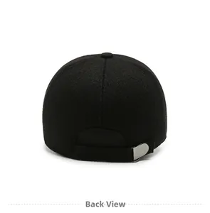 Back view of black wool baseball cap featuring adjustable silver buckle strap