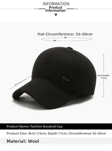 Detail view of black wool baseball cap featuring metal buckle and premium fiber texture