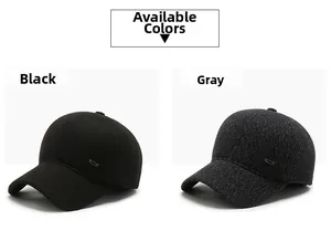 Detail view of winter baseball caps in black and grey with metallic trim and wool texture