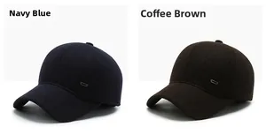 Detailed texture of navy blue and coffee wool baseball caps with metal side buckle